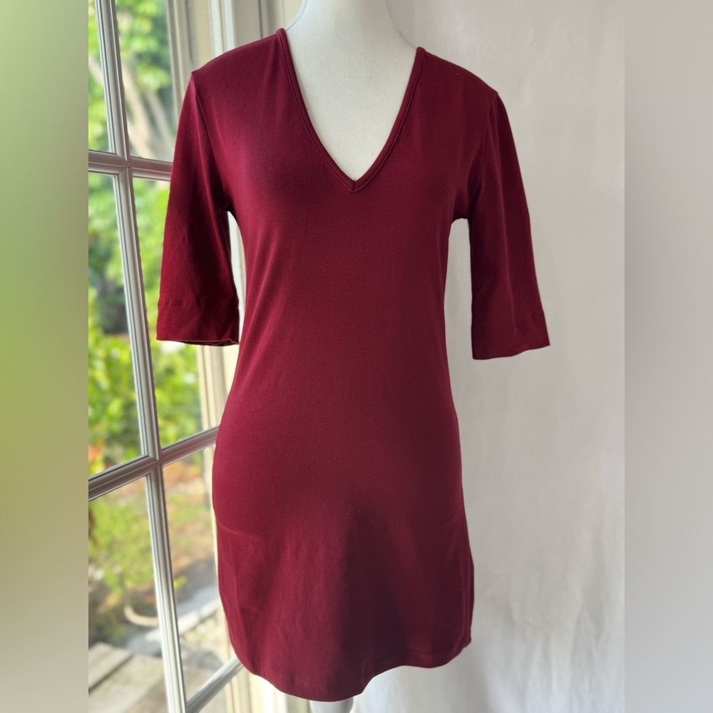 Deep Red V-Neck 3/4 Sleeve Dress